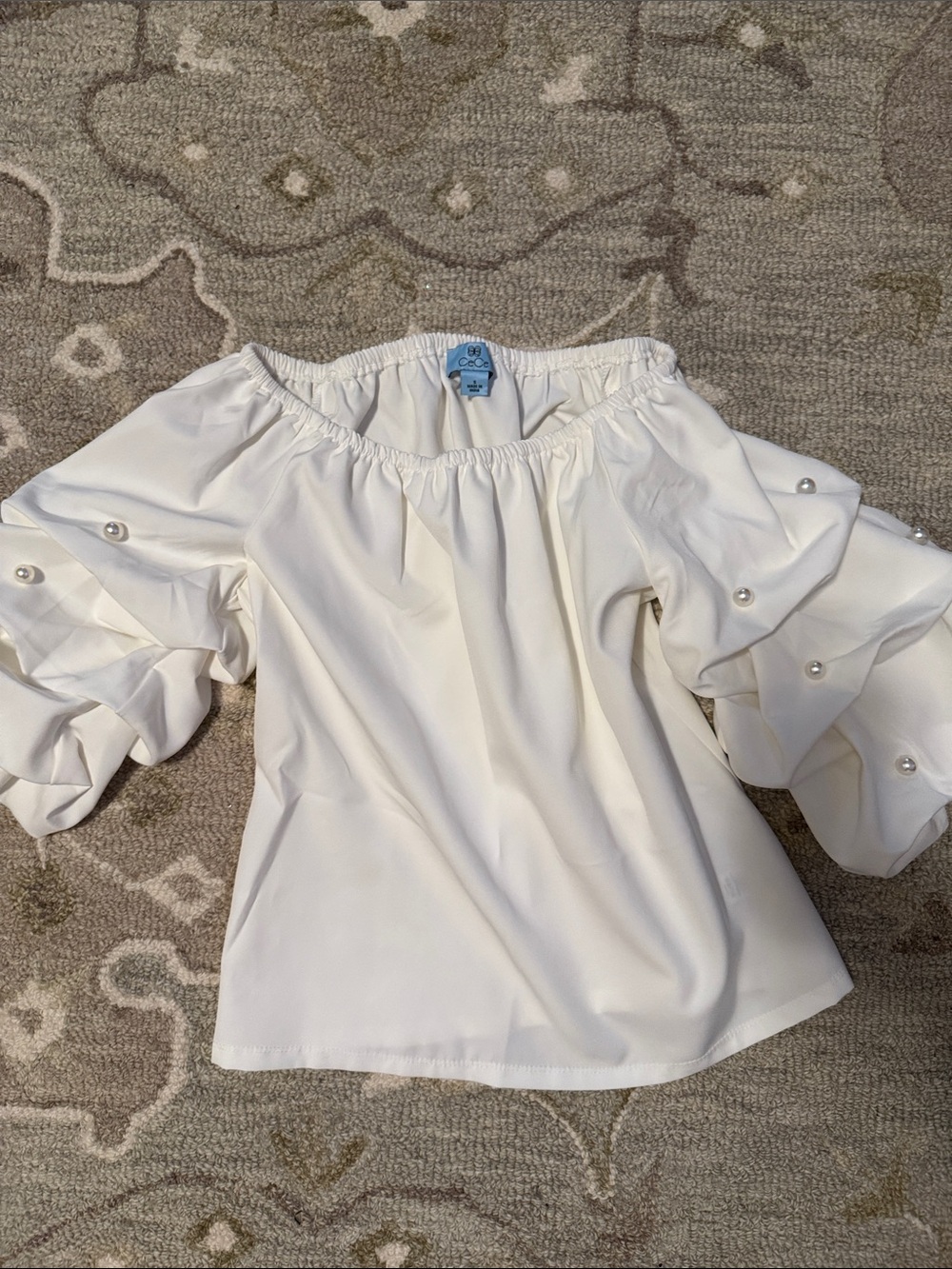 CeCe White Off-Shoulder Pearl-Accent Puff Sleeve Blouse